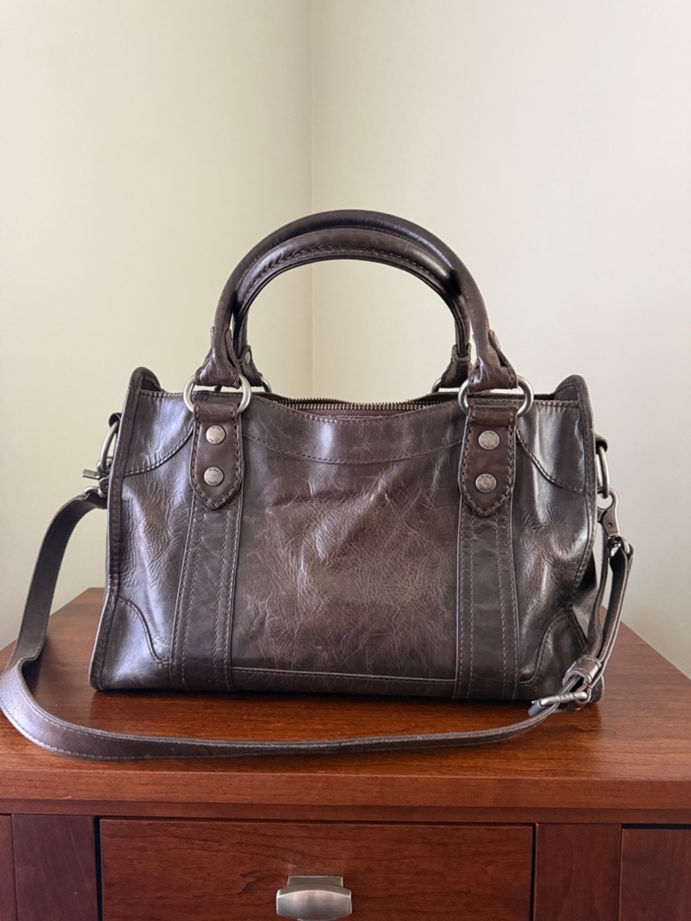 Frye Chocolate Brown Leather Satchel with Top Handles and Crossbody Strap